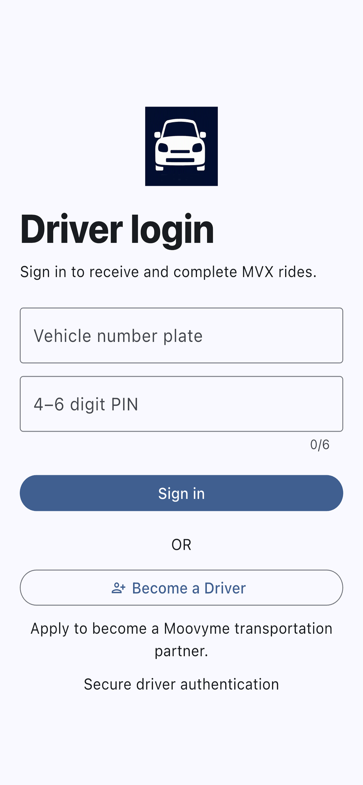 MVX Driver login screen